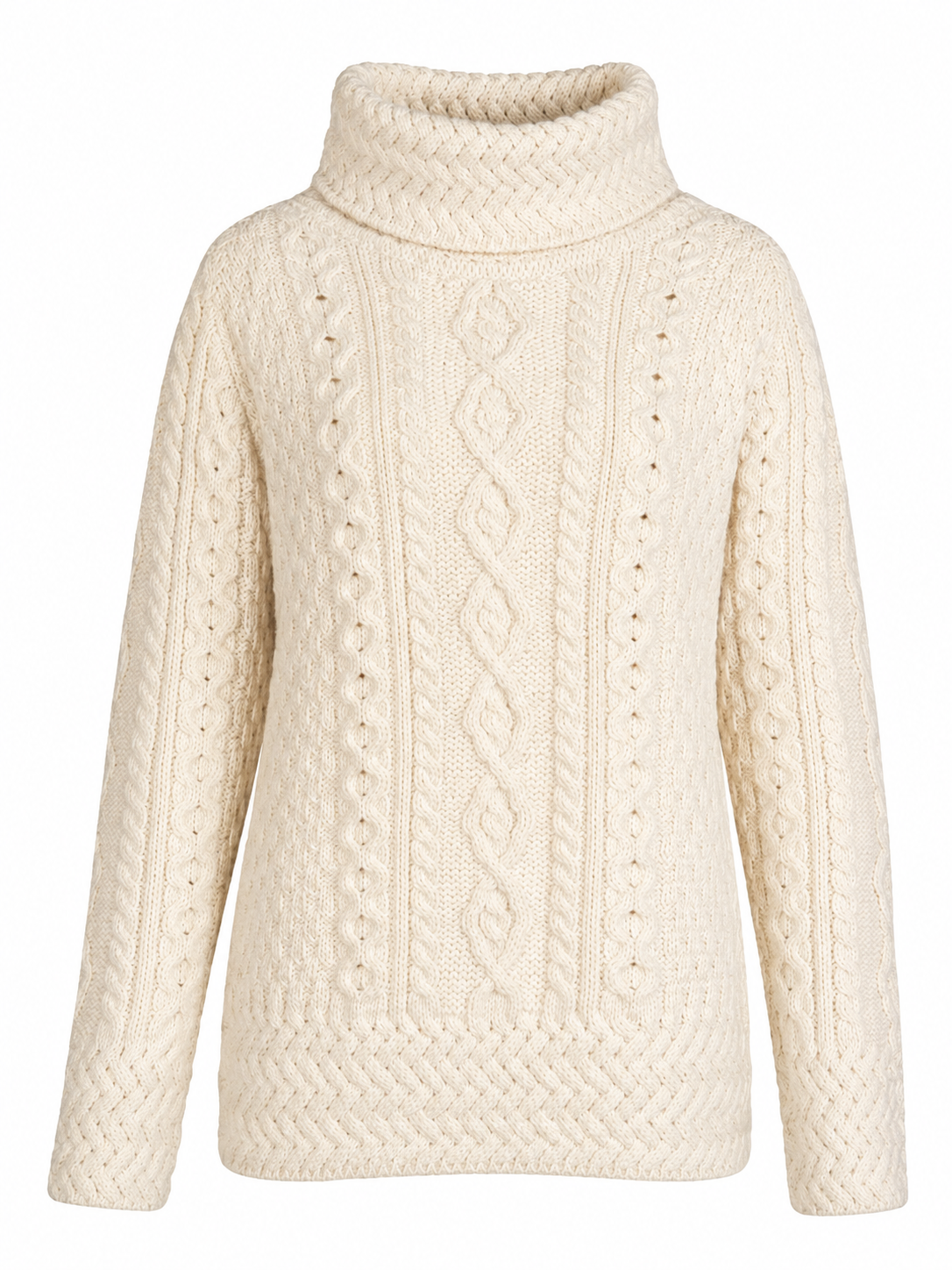 Ivory Cable-Knit Cowl Neck Turtleneck Sweater