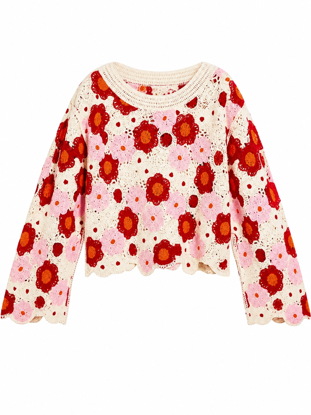 Cream Floral Crochet Open-Knit Sweater with Bell Sleeves