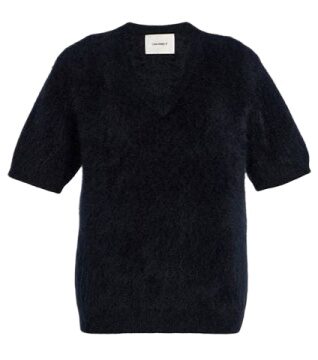 Navy Fuzzy V-Neck Short Sleeve Knit Sweater