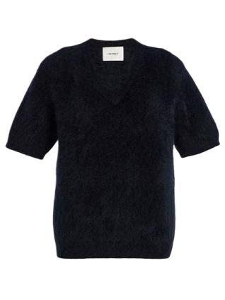 Navy Fuzzy V-Neck Short Sleeve Knit Sweater